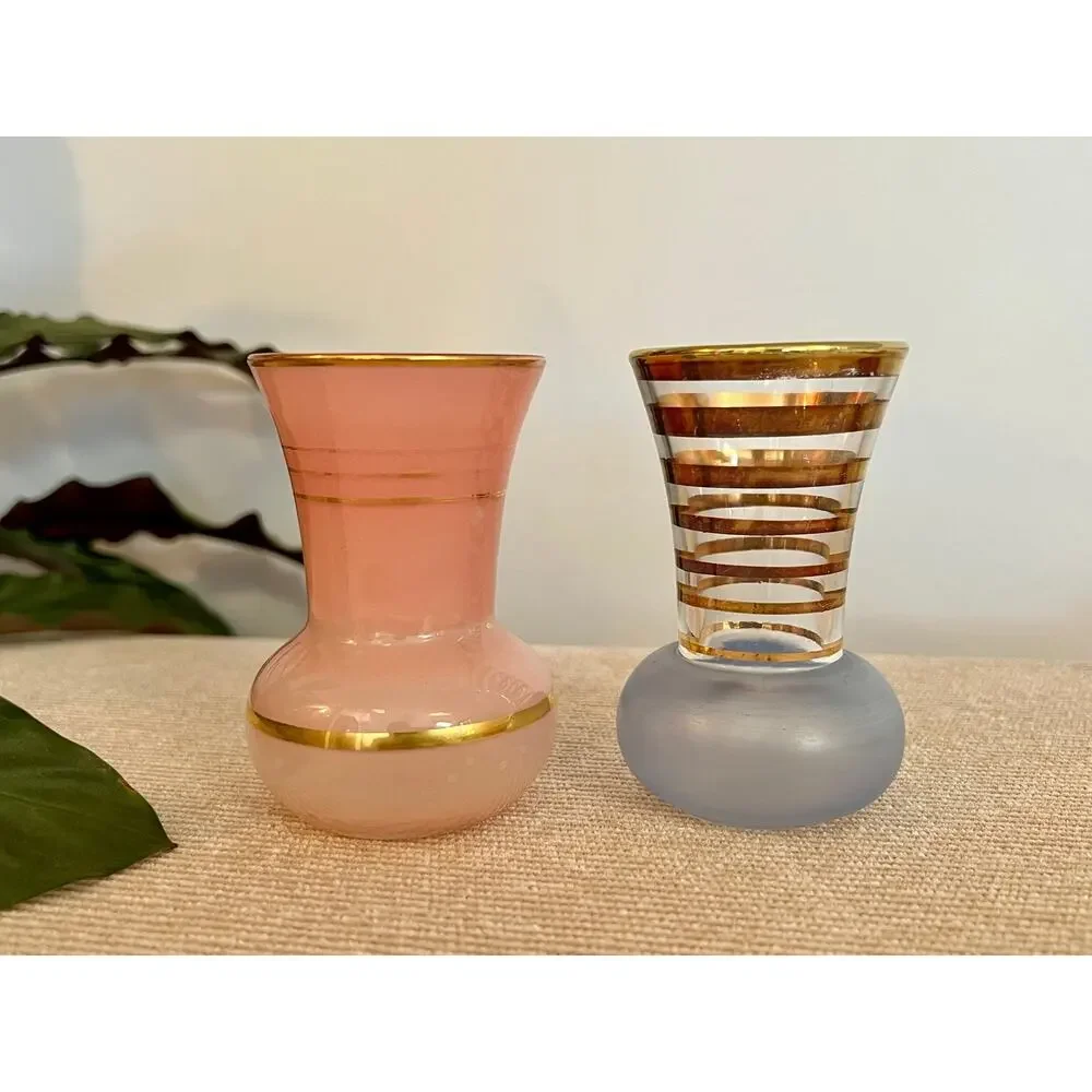 Vintage Glass Vases Pair Hollywood Regency Gold Stripe Pink Blue Mid Century